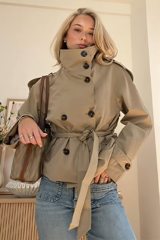 High Neck Double Breasted Short Trench Coat