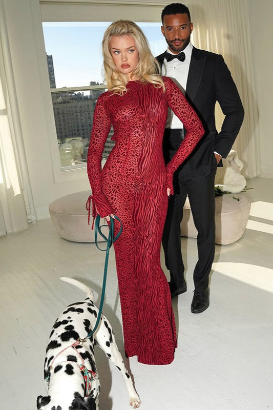 Red Leopard Print Crew Neck Backless Mermaid Maxi Dress