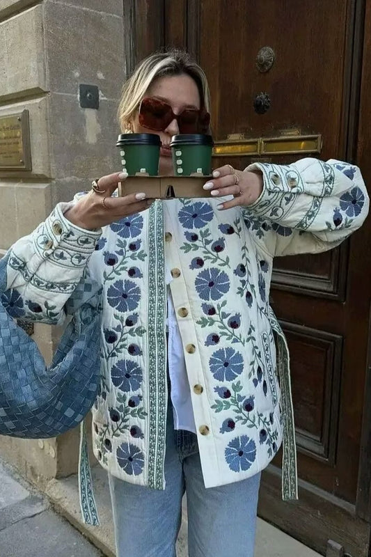 Steppmantel aus Baumwolle mit Blumenmuster und Bindegürtel