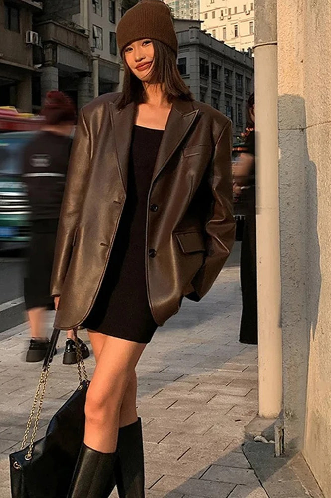 Black PU Leather Blazer Jacket coats