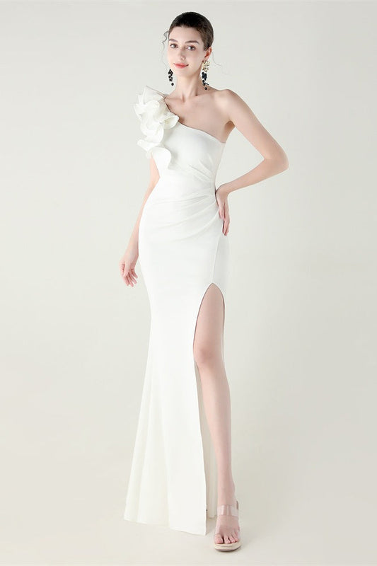 Ruffled Floral One Shoulder Satin Party Dress White / S