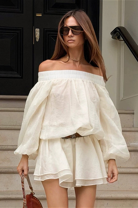 Off Shoulder Balloon Sleeve Ruffle Mini Dress