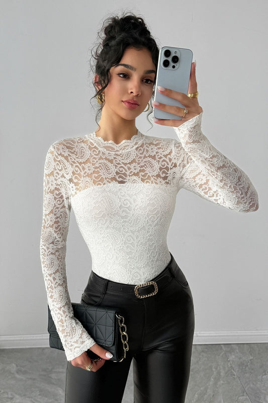 Lace Yoke Zip Back Fitted Top