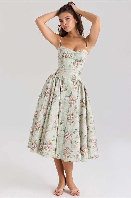 Floral Corset Fit And Flare Maxi Dress