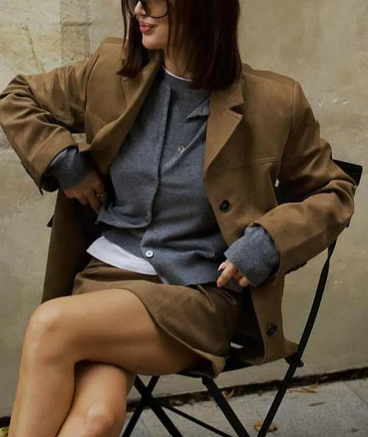 Braunes Mini-Büro-Zweiteilerset mit Taschen und Knöpfen