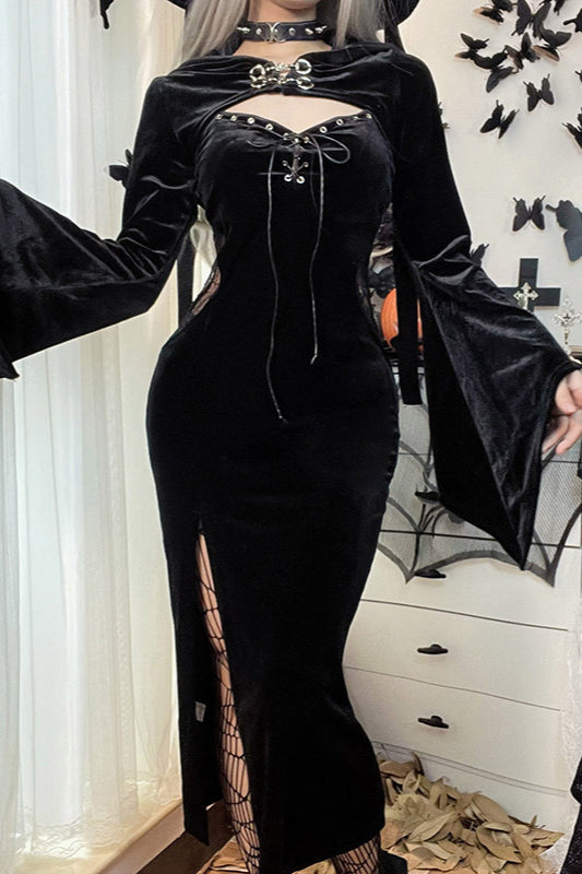 Dunkles Gothic-Kleid mit Kapuze und Spinnennetz-Muster