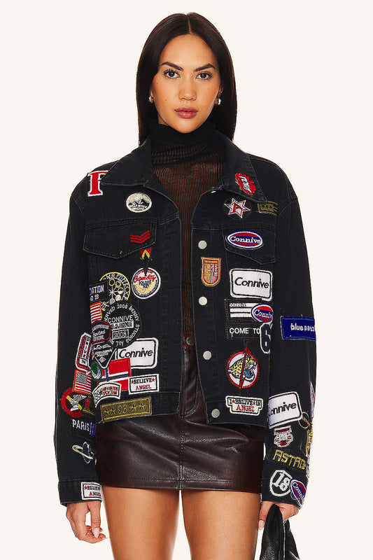 Multi Badge Denim Collared Coat Black / S
