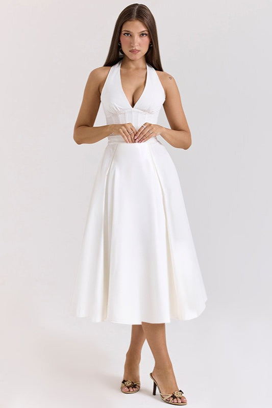 Elegantes, rückenfreies Maxikleid mit tiefem V-Ausschnitt und Neckholder für Partys