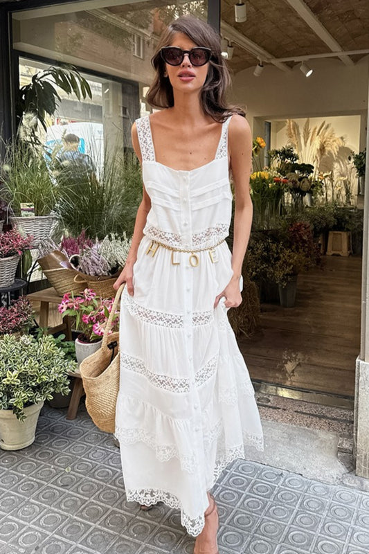 Boho-Maxikleid mit Spitzen-Patchwork und Rüschen, locker geschnitten