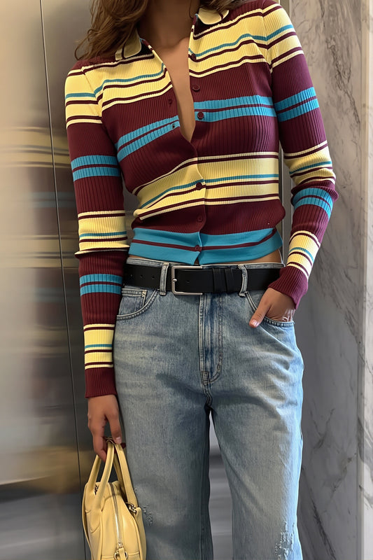 Multicolor Stripe Polo Collar Cardigan