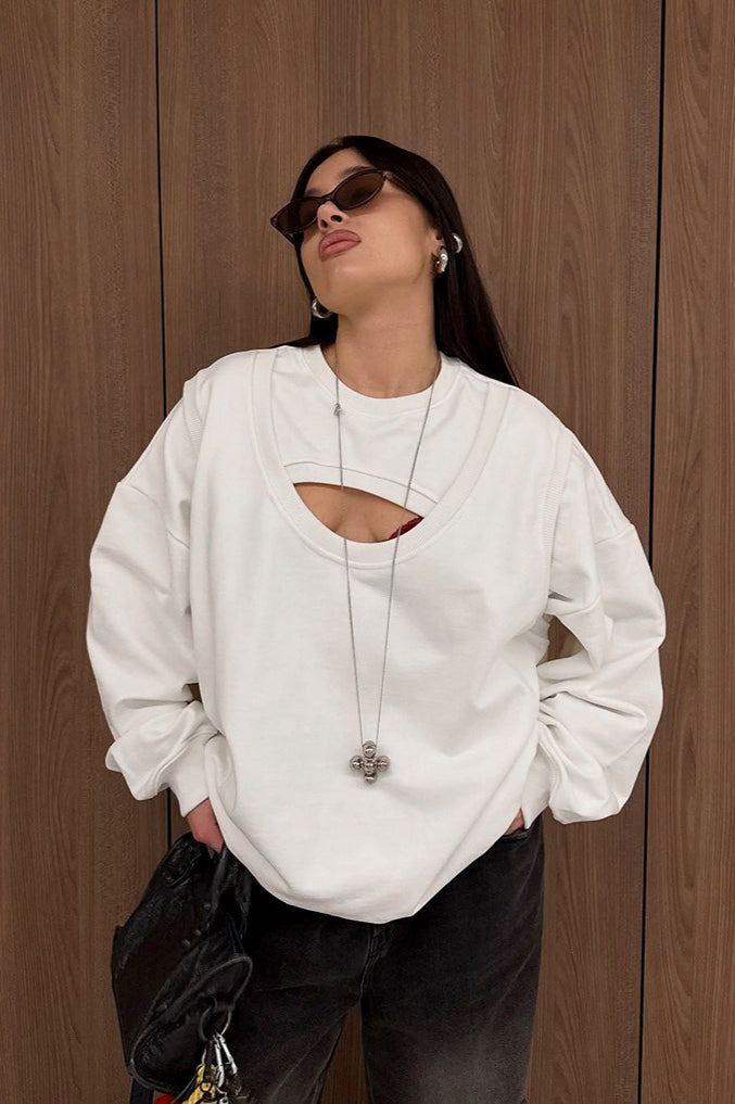 Vintage Fake Two Piece Cutout Loose Sweatshirt