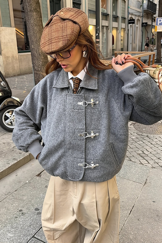 Toggle Front Wool Look Bomber Jacket