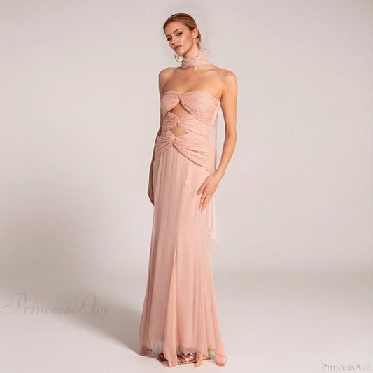 Early Fall Fish Tail Hollow Chiffon Prom Dress pale pinkish pink / XS promdress-250223