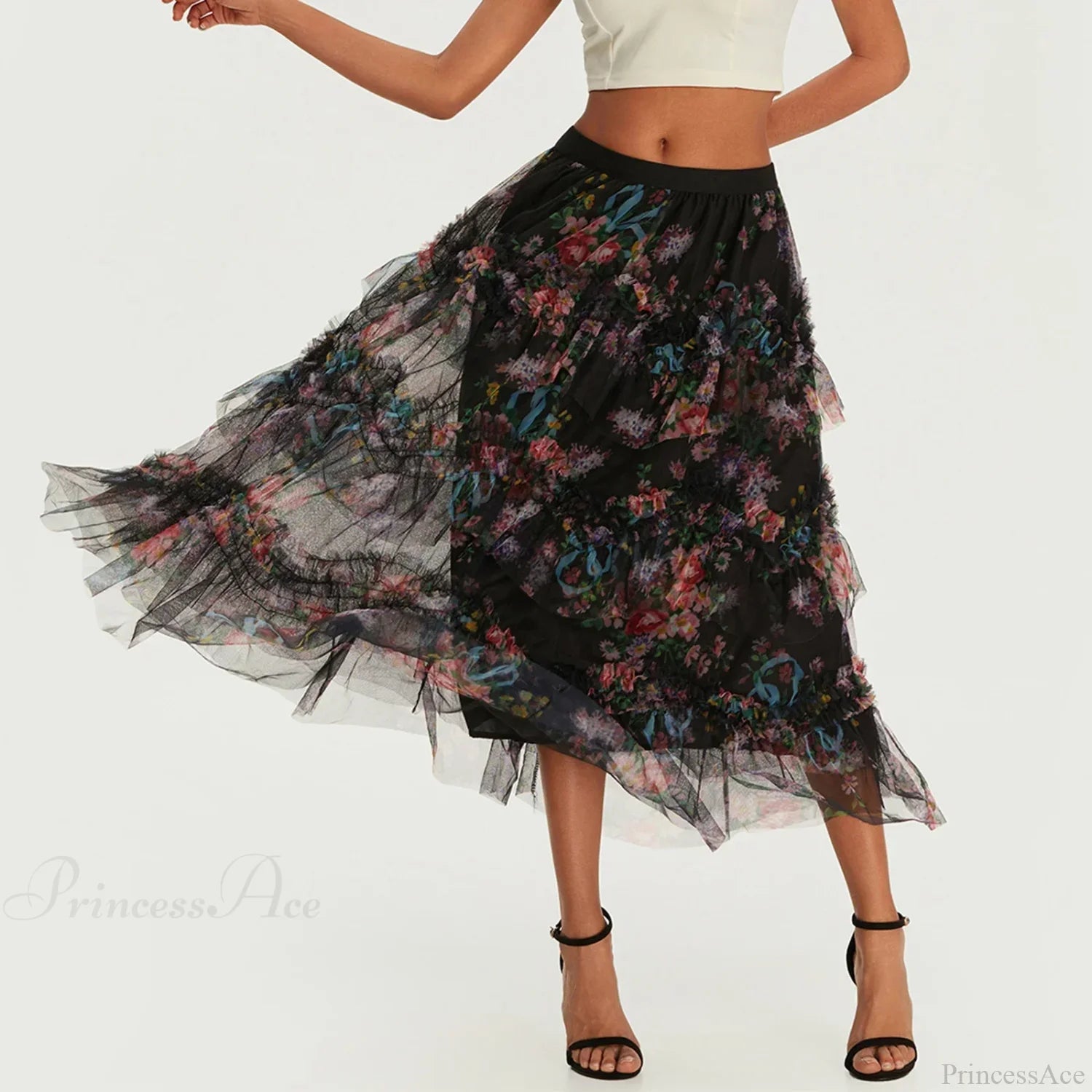 Early Fall Floral Print Ruffle Mesh Skirt Women A-line Midi skirt-250126