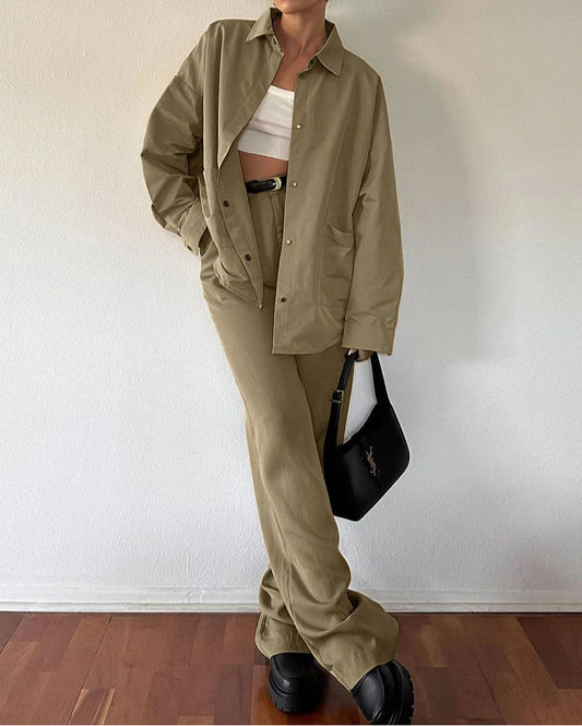 Braunes, hoch tailliertes Baumwoll-Zweiteiler-Set fürs Büro