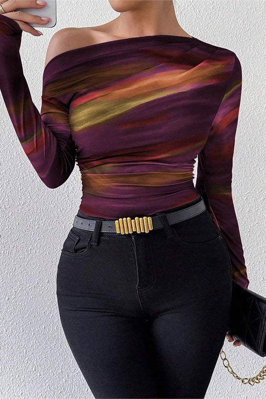 Abstract Print Ruched Shoulder Blouse