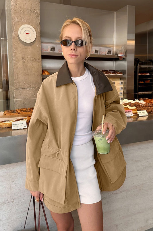 Contrast Collar Drawstring Waist Trench Coat