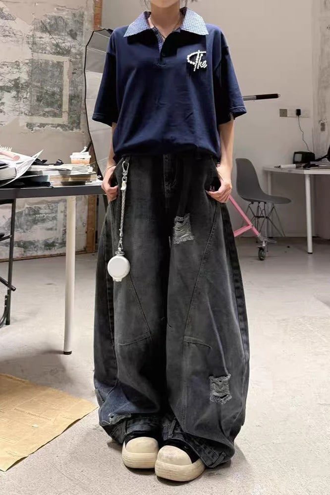 Vintage Baggy Ripped Denim Jeans Black / S