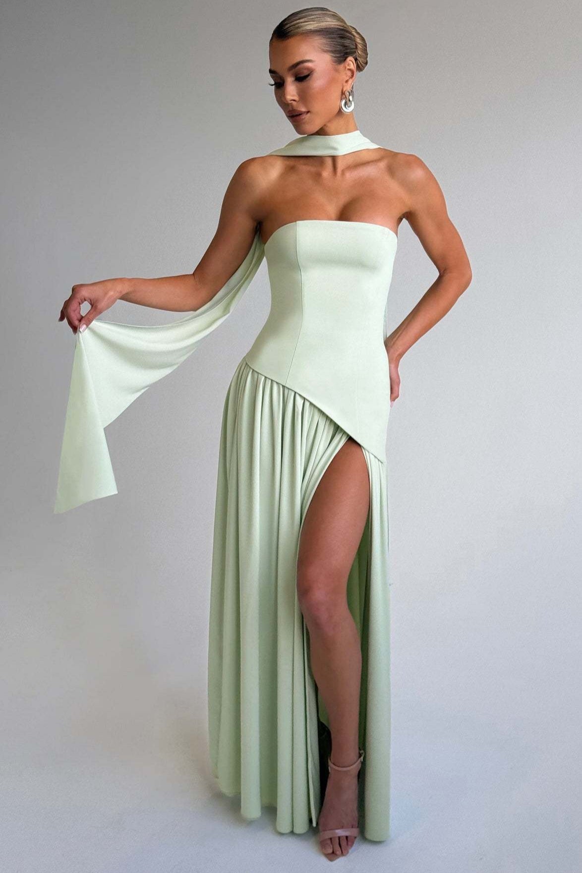 Solid Bustier High Slit Formal Dress