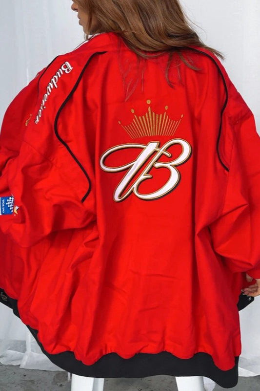 Casual Red Print Zip Jacket