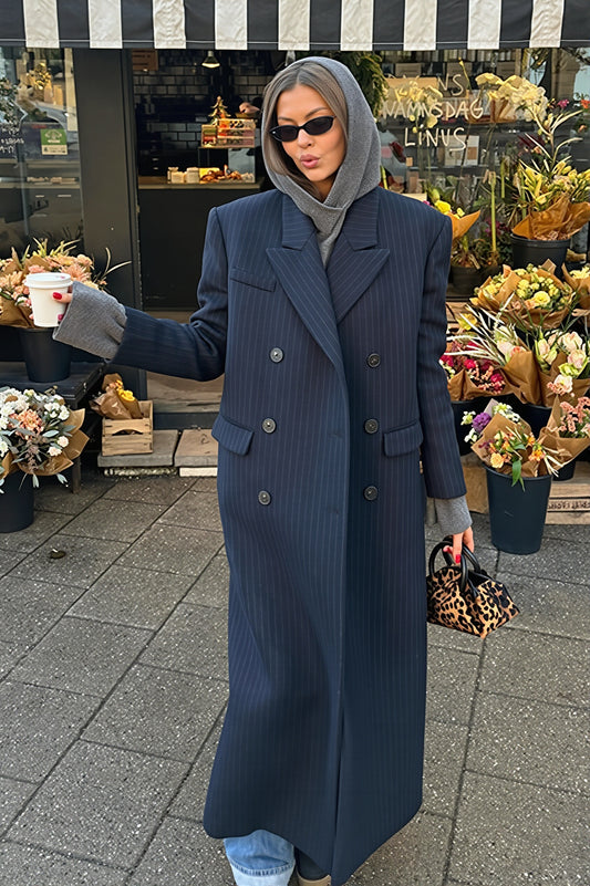 Pinstripe Double Breasted Maxi Blazer Coat