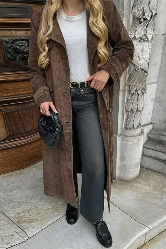 Brown Suede Look Double Breasted Coat