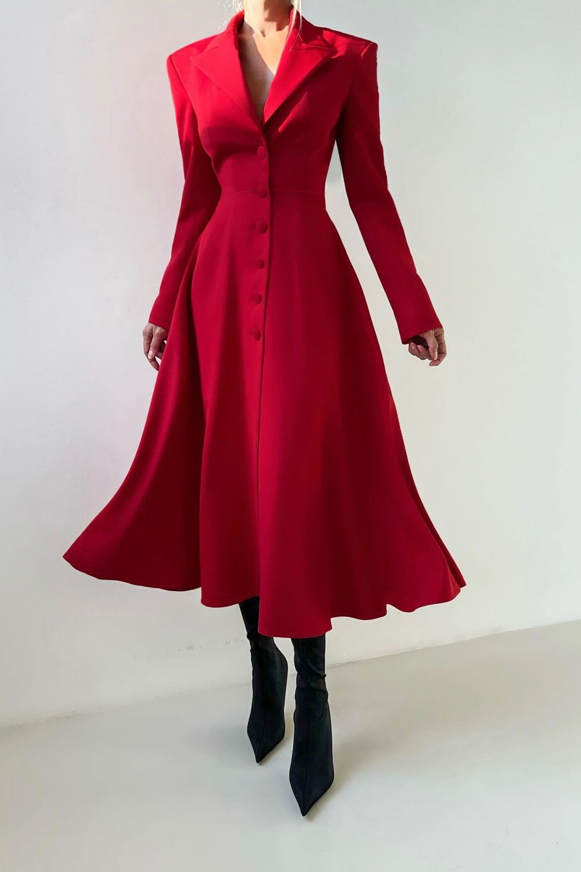 Structured Shoulder Solid Blazer Elegant Maxi Dress Red / S