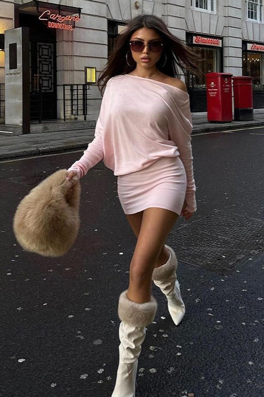 Asymmetrical Neck Long Sleeve Layered Slim Waist Mini Dress