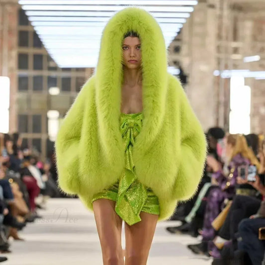 Eco-Friendly ImiTation Fox Hooded Coat yellowish green / XS