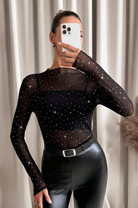 Rhinestone Sheer Mock Neck Top