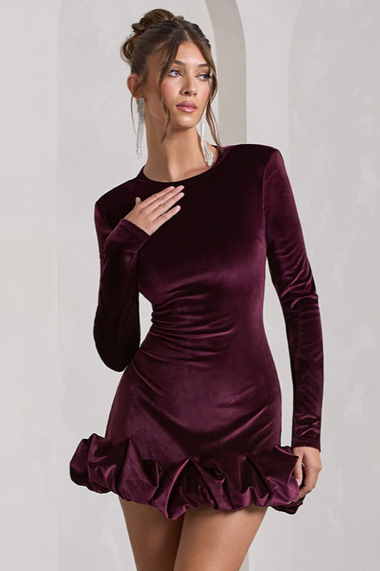 Velvet Pleated Hem Long Sleeve Party Dress