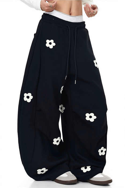 Floral Embroidered Barrel Leg Pants