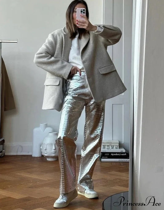 Silberne, gerade geschnittene High-Waist-Hose aus PU-Leder mit Schuppenmuster
