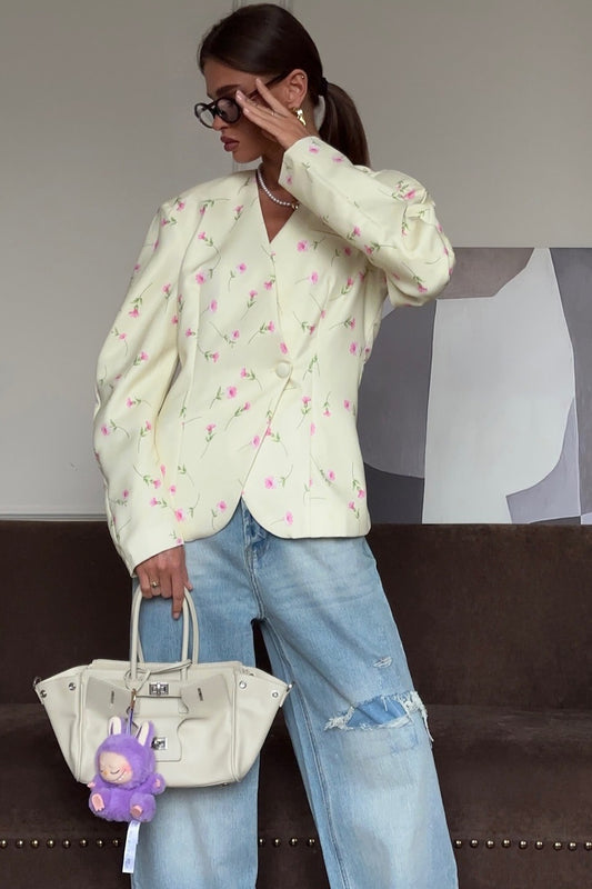 Romantischer Mantel mit Blumenmuster und V-Ausschnitt