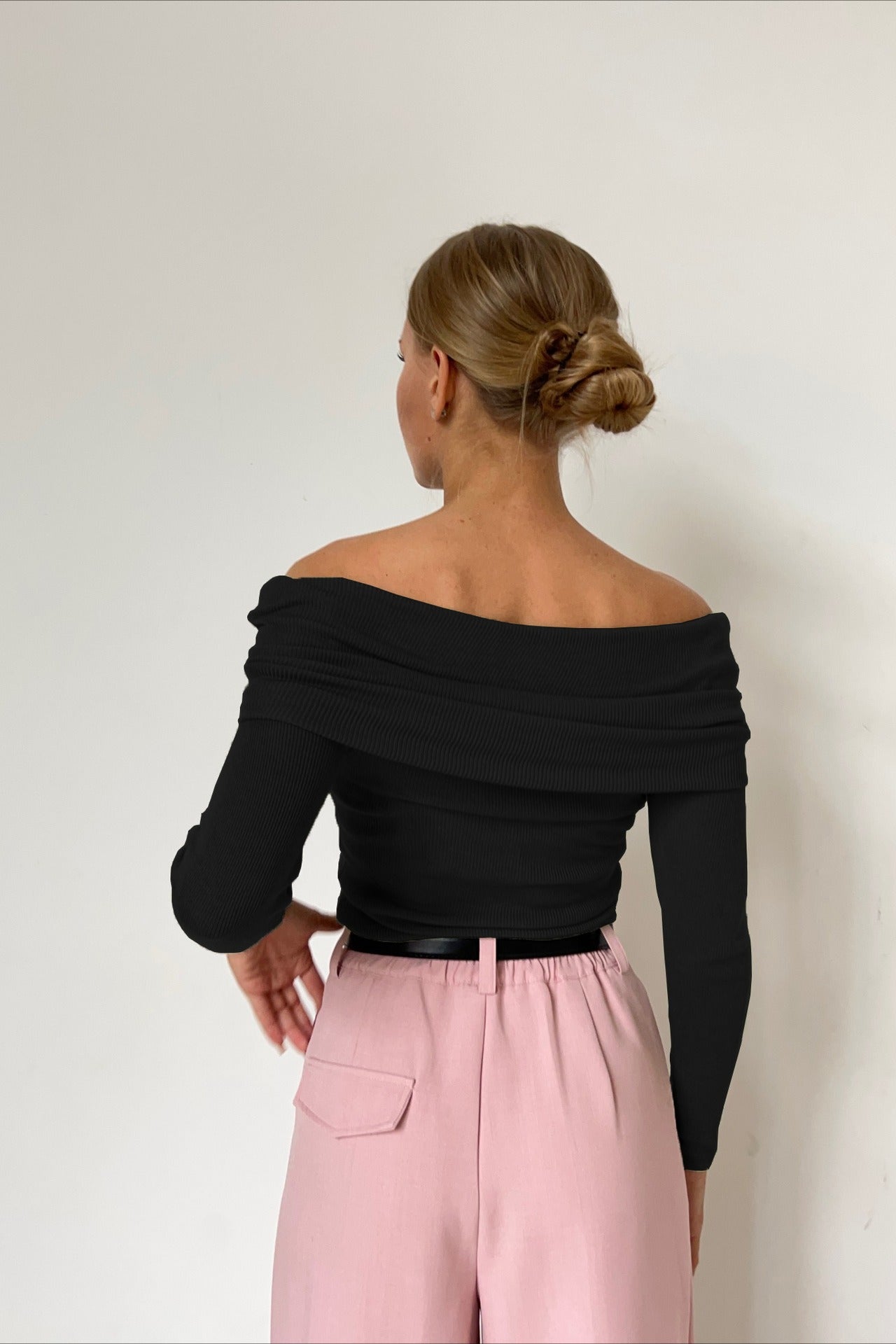 Sheer Off-Shoulder Fitted Solid Pullover Knit Top