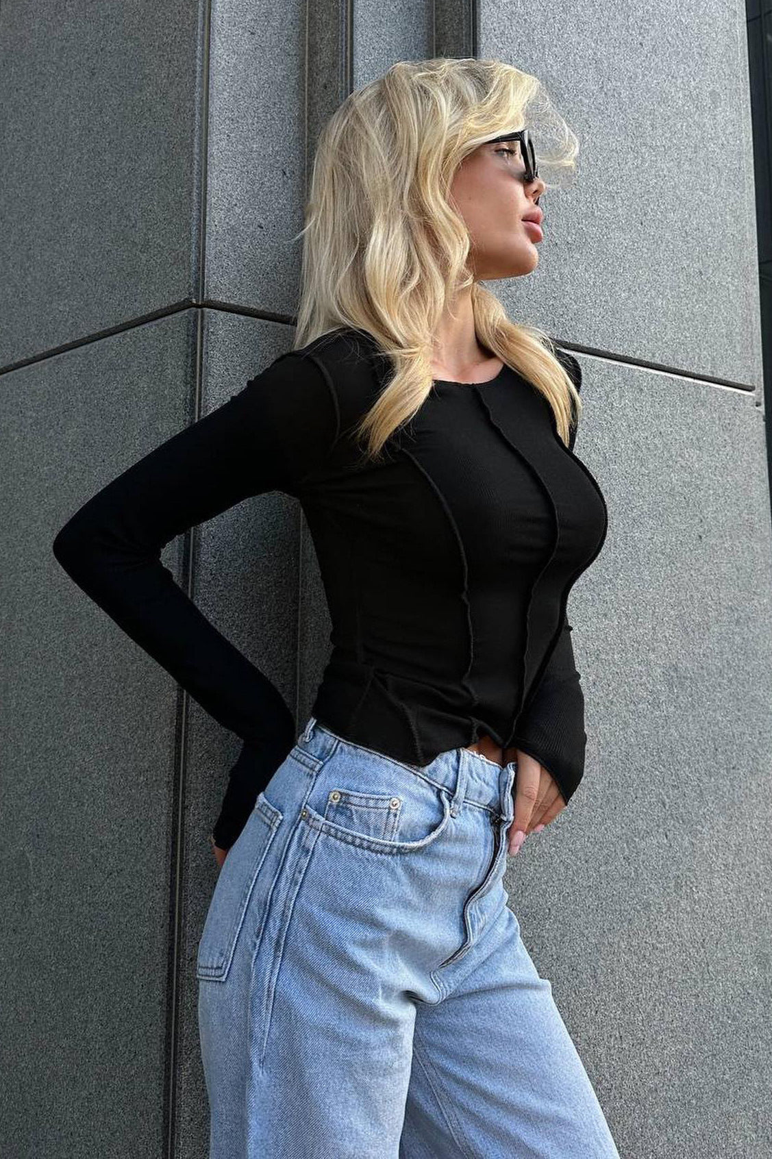Color Block Ribbed Slim Crew Neck Long Sleeve Tee Black / S