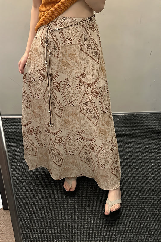 Vintage Print Beaded Belt A Line Maxi Skirt