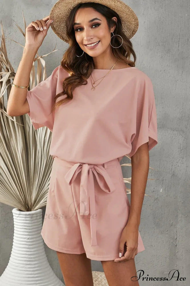 Elaine Tie Belt Charming Short Sleeve Romper