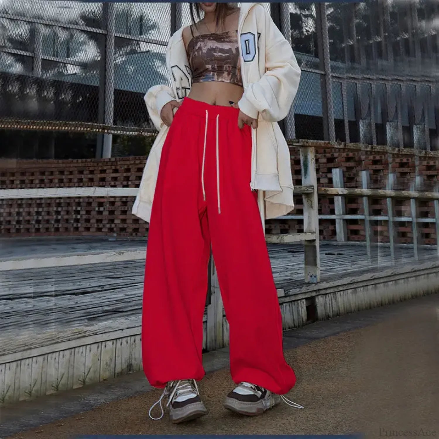 Elastic High Waist Dance Pants red / S