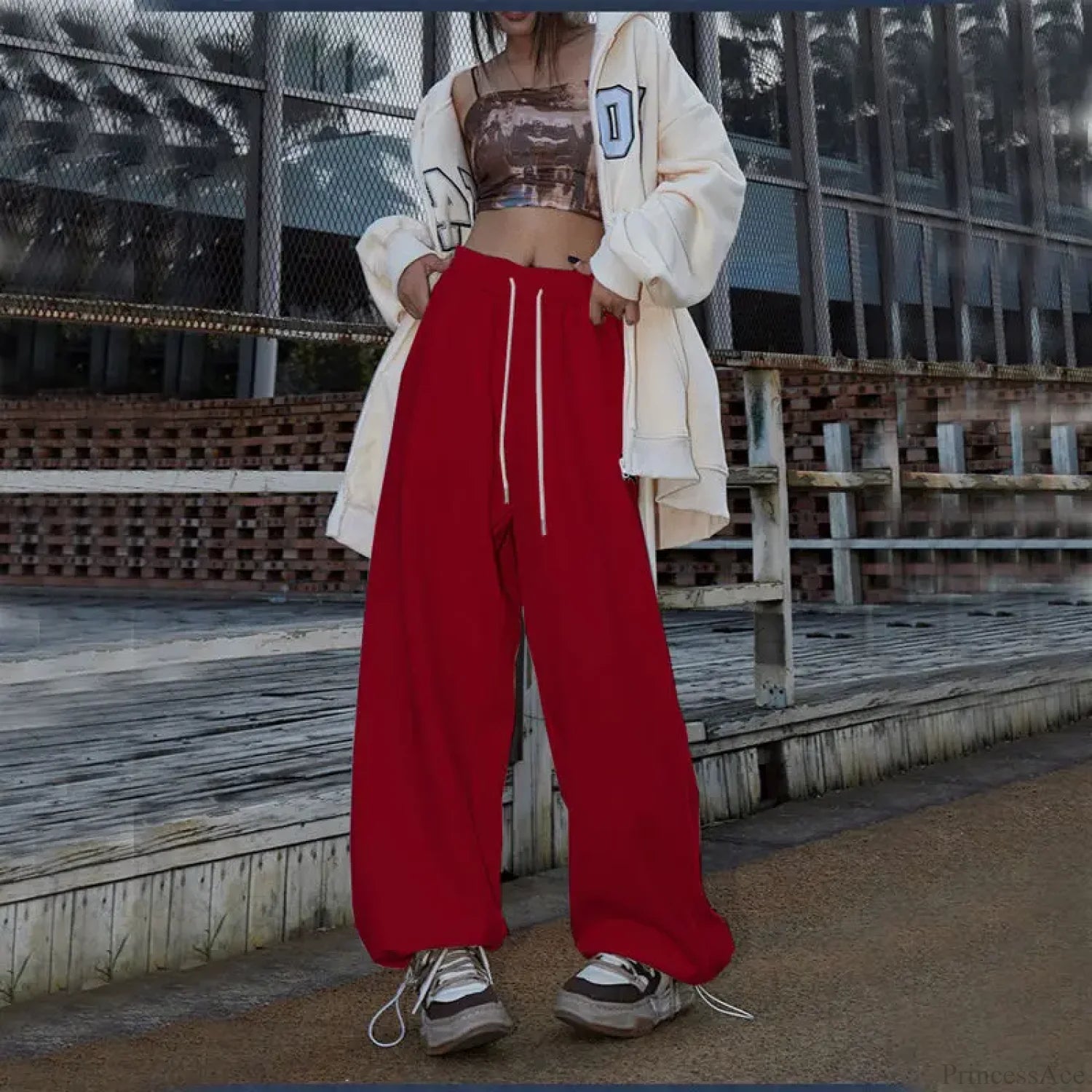 Elastic High Waist Dance Pants Wine Red / S