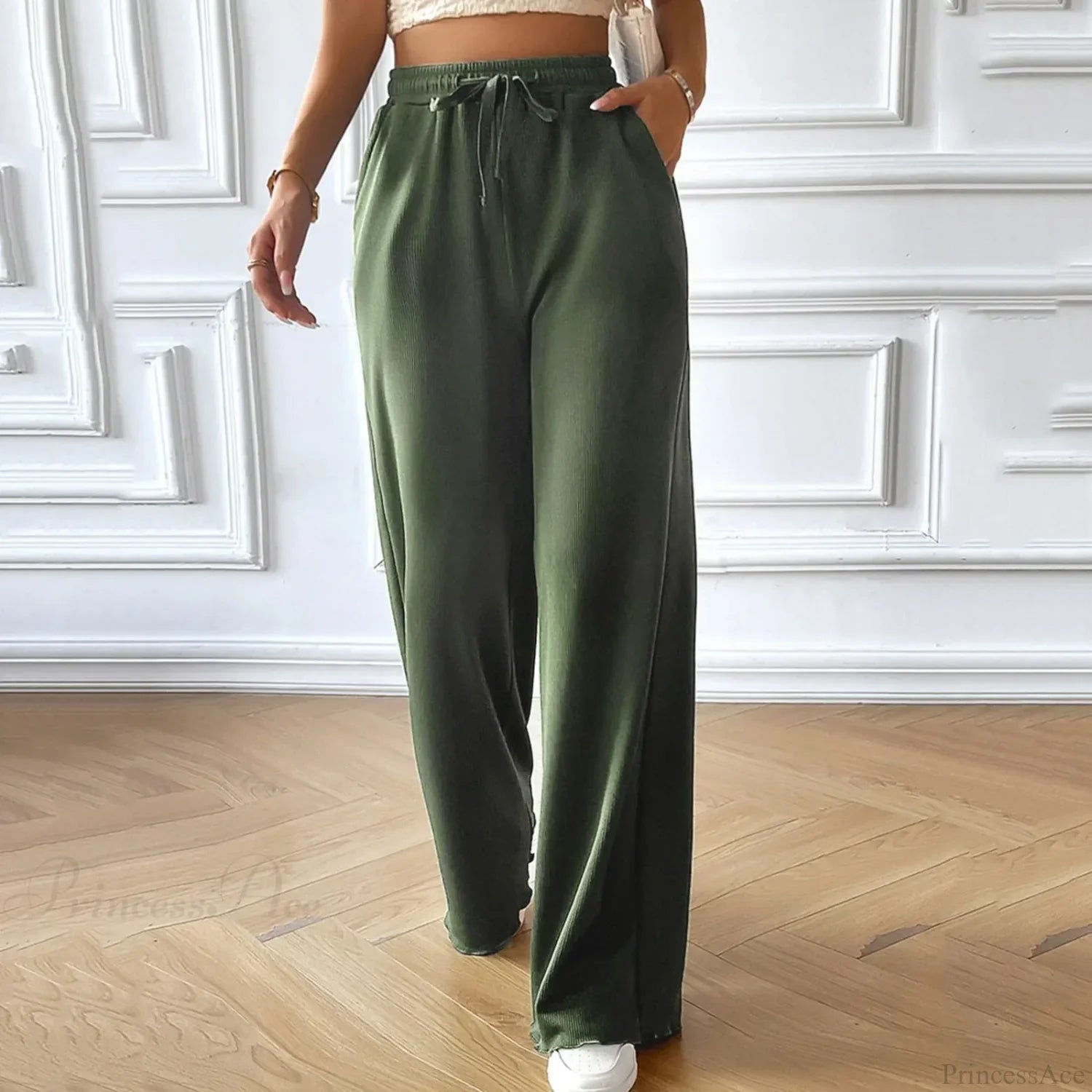 Elastic High Waist Linen Wide Leg Pants Green / S