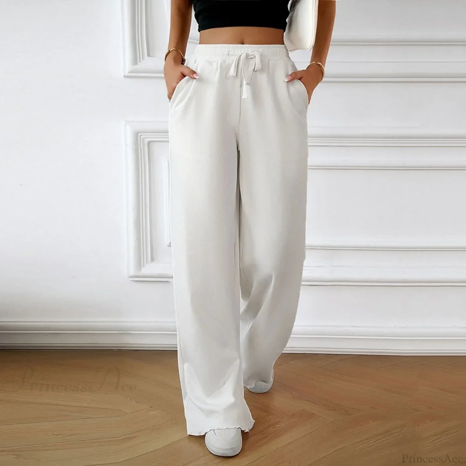 Elastic High Waist Linen Wide Leg Pants White / S