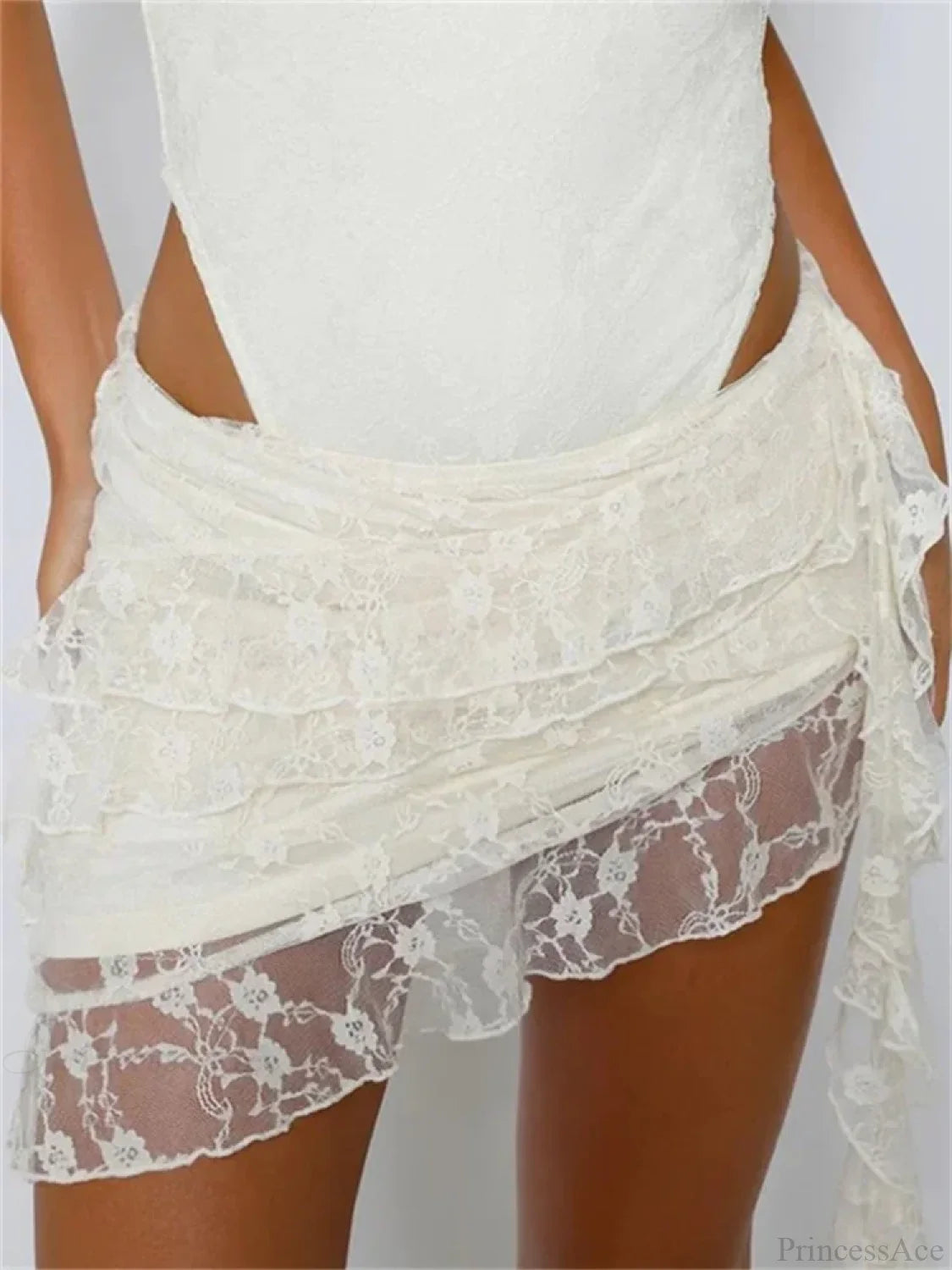 Elastic Low Waist Lace Floral Mini Skirt Irregular Hem Skirt WHITE / S skirt-250126