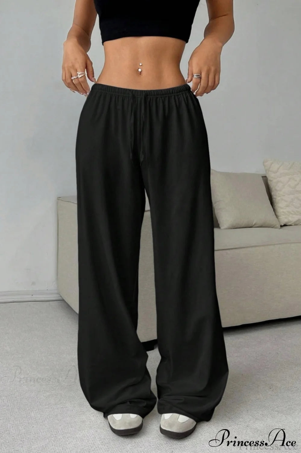 Elastic Waist Drawstring Wide Leg Pants Black / S