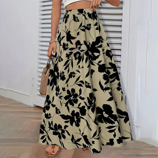 Elastic Waist Flowers Printed Women’s A-line Skirt Summer Elegant Olive Green / S skirt-250126