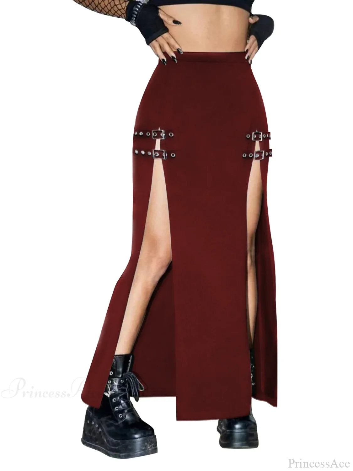 Elastic Waist Maxi Goth Skirt Red Buckle / S