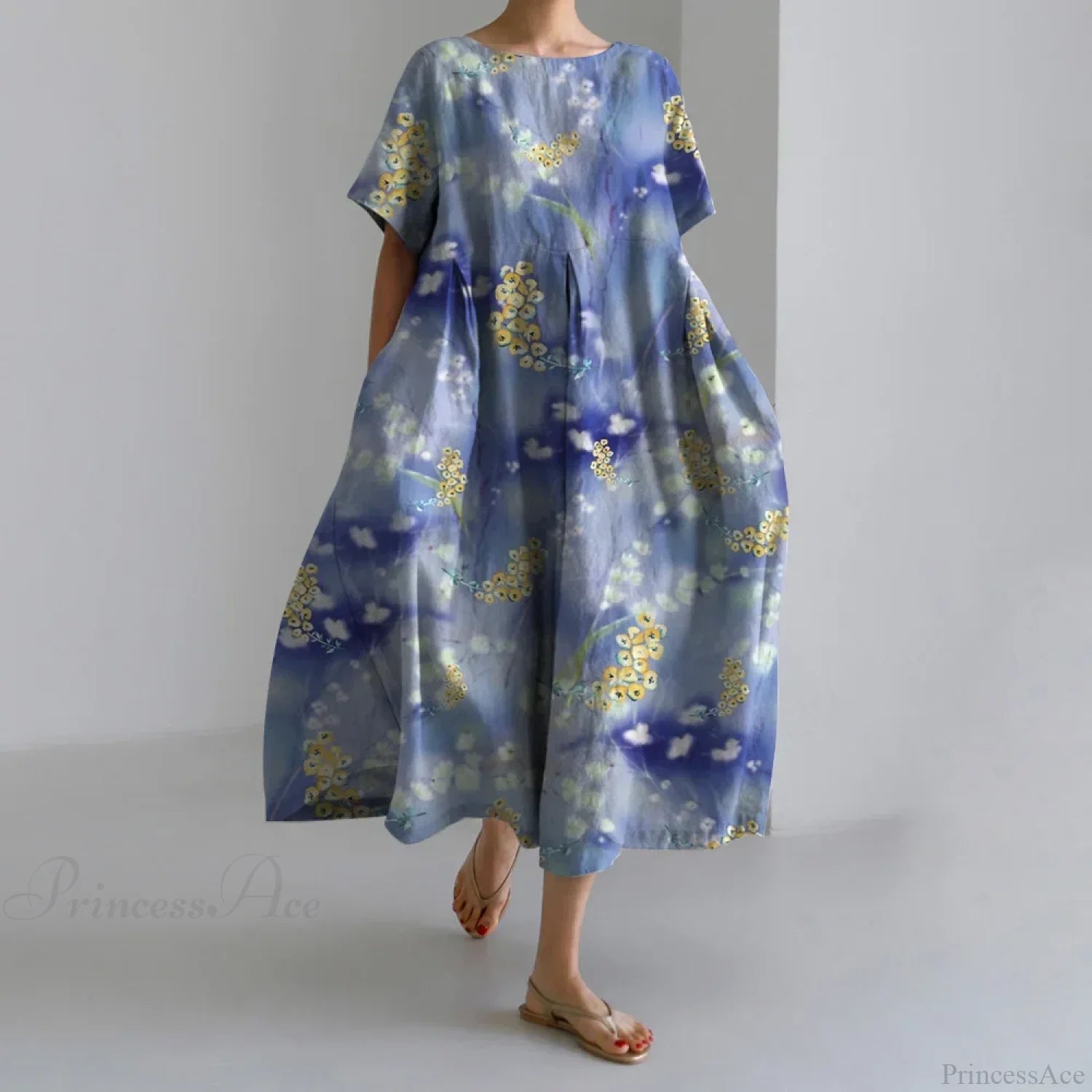 Elegant Autumn Retro Floral Print Round Neck Evening Dress blue2 / S oldfloraldress-250126