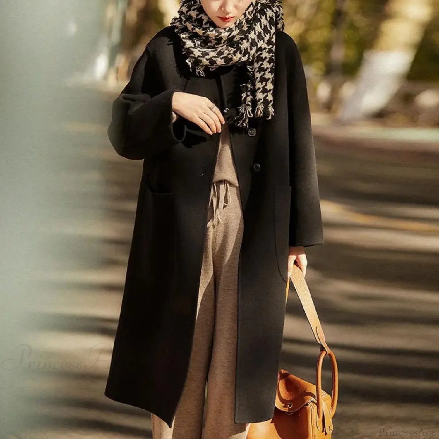 Elegant Black O-neck Puff Sleeve Overcoat Black / M