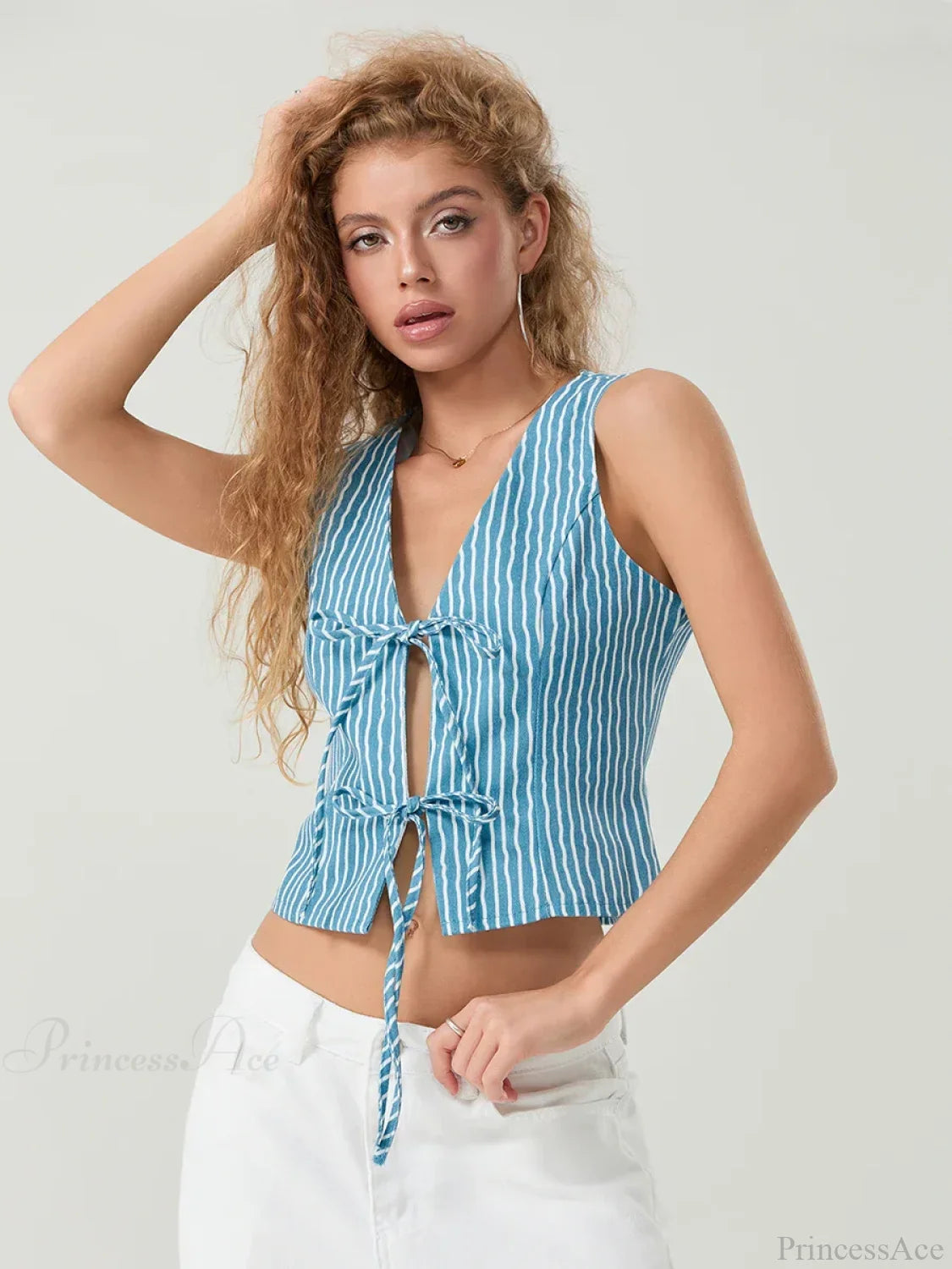 Elegant Bow Tied Front Striped Sleeveless V-neck Crop Tank croptop-250126
