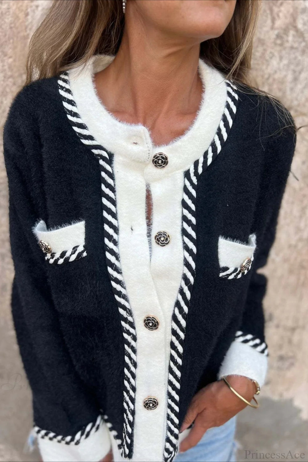 Elegant Chic Color Block Button Pocket Wool Coat